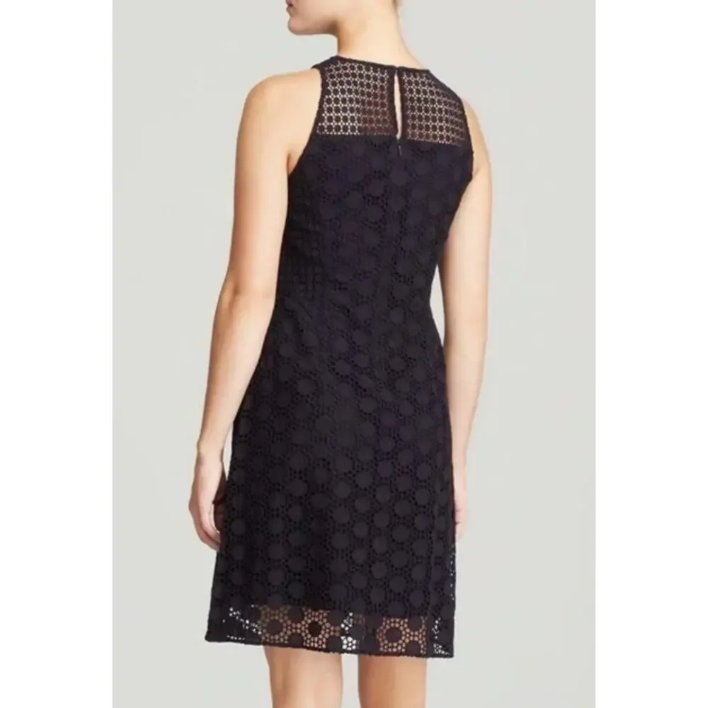 Tory Burch Hallie Eyelet Dress Mini Crew Neck Sleeveless Lace Preppy Navy Blue - Picture 3 of 12